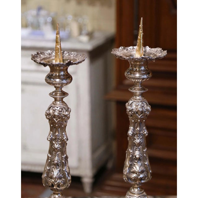 Brass Pair 19th Century French Louis XV Silvered Church Candlesticks With Wax Candles For Sale - Image 8 of 13