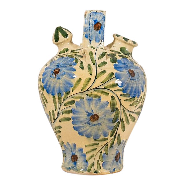 Vintage Double Spout Ceramic Jug With Hand Painted Florals For Sale