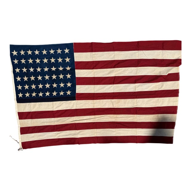 Large Antique 48-Star American Flag in Heavy Canvas, Sewn Stars & Stripes, Wwi–wwii Era 5.8 Ft X 8.6 Ft For Sale