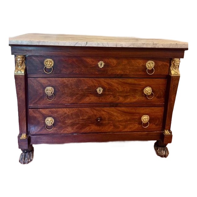 Late 19th Century Fine French Empire Flame Mahogany Commode with Bronze Carytids For Sale