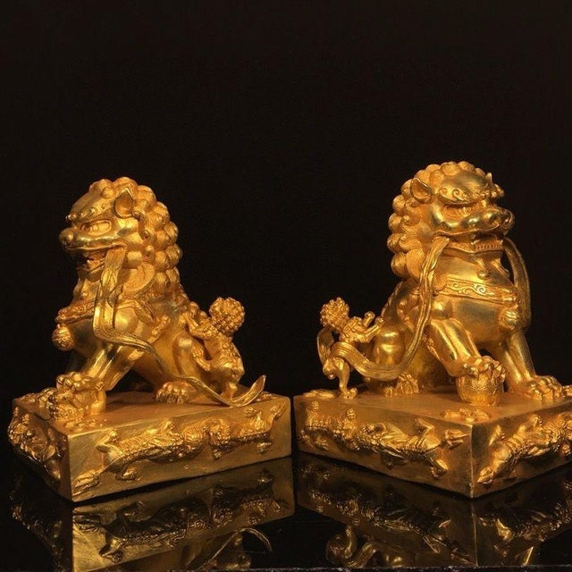 Pair of Gilt Bronze Guardian Lions – 7.9" Foo Dogs on Dragon Relief Bases With Xuande Mark For Sale In Los Angeles - Image 6 of 9