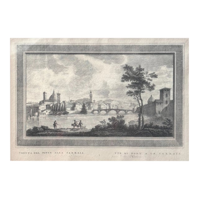 This finely executed circa 1800 Italian veduta etching depicts the Ponte alla Carraia in Florence and belongs to the...