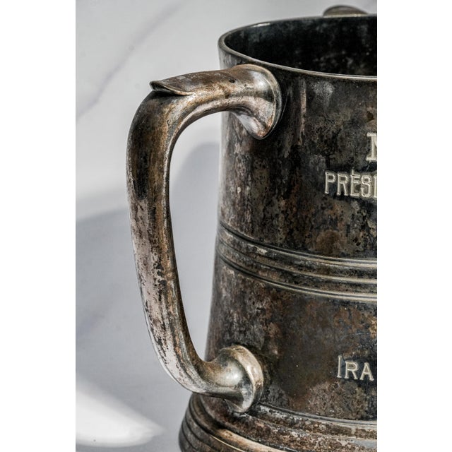 Sculptural Antique Silverplate Triple Handle Trophy Cup Sporting Award Golf Club Home Man Cave Decor For Sale - Image 4 of 9