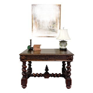 Antique French Henri II Style Writing Desk Barley Twist Carved Walnut 19th C For Sale