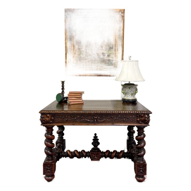 Antique French Henri II Style Writing Desk Barley Twist Carved Walnut 19th C For Sale