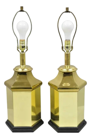 Vintage Chinoiserie Brass Hexagonal Oriental Ginger Jar Table Lamps - A Pair