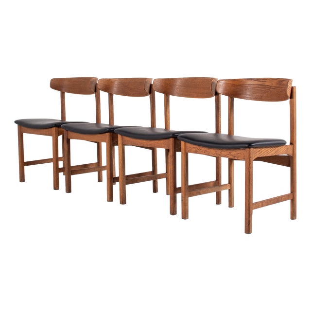 Danish Oak and Black Skai Dining Chairs, 1960s, Set of 4 For Sale
