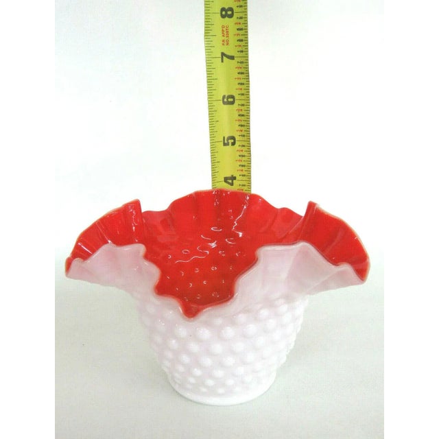 Mid 20th Century Kanawha Hobnail Style White Milk Glass Red Overlay Crimped Bowl Vase For Sale - Image 5 of 11