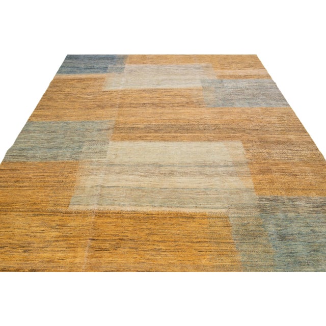 Abstract Modern Handmade Sahar Sedeh Gabbeh Persian Wool Rug With Camel Color Design For Sale - Image 3 of 10