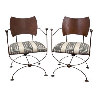 Savonarola Campaign Style Iron / Steel X-Base Chairs Greek Key Upholstery - Pair For Sale