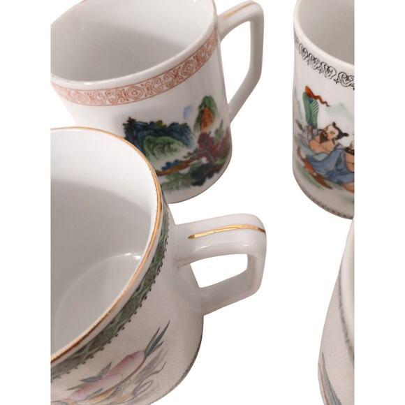 Vintage Chinese Geisha Coffee Tea Hand Painted Oriental Asian China Red Mark - Set of 4 For Sale - Image 12 of 12