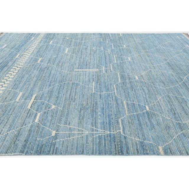 2020s Modern Abstract Moroccan Style Wool Rug in Azure Blue and White, Hand-Knotted For Sale - Image 5 of 11