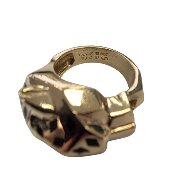 Metal 1990s Cartier Panthere Black Onyx and Tsavorite 18k Gold Ring, Size 6.5 For Sale - Image 7 of 8