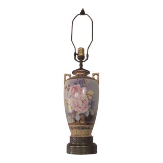 Vintage Hand-Painted Porcelain Rose Urn Table Lamp With Ornate Metal Base For Sale
