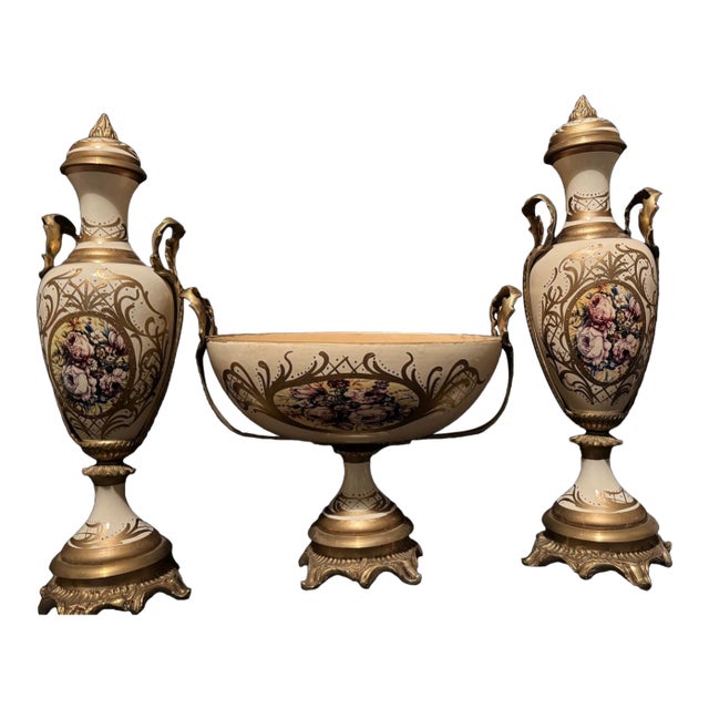 1970s French Style Cream Gilt Porcelain Garniture Set of 3 For Sale