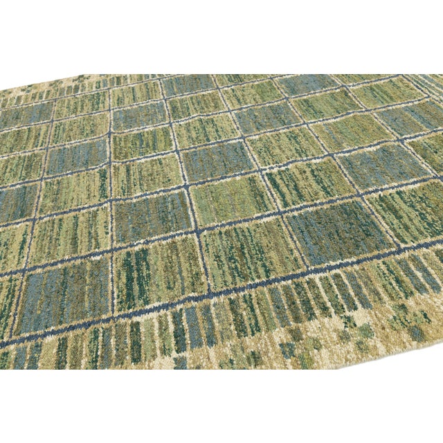 Handmade Flatweave Rug Earthy Sage & Sky Blue Swedish Style Geometric Design For Sale In New York - Image 6 of 10