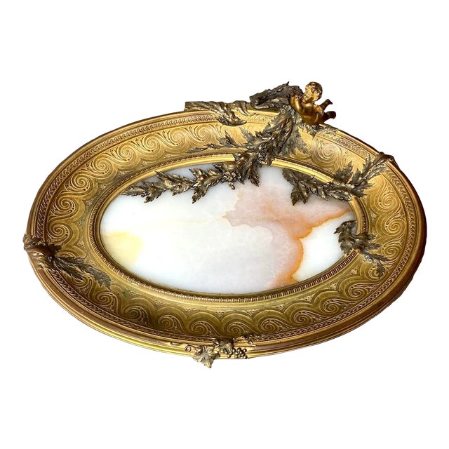 19th C French Bronze Alabaster Putto Tray Centerpiece For Sale