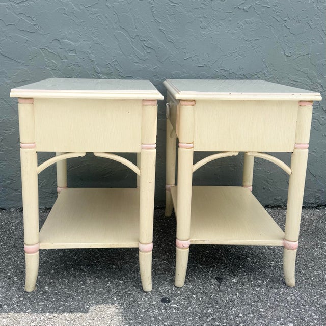 Cream Vintage Coastal Faux Bamboo Cream and Pink Nightstands by Thomasville - A Pair For Sale - Image 8 of 9