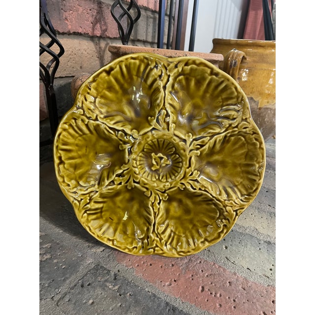 1950s French Gien Majolica Olive Green Oyster Plate For Sale - Image 13 of 15