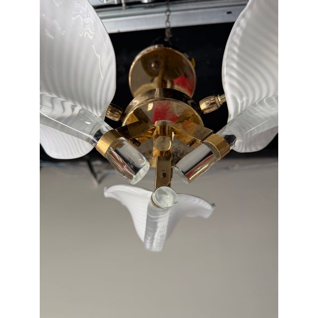 1970s Hollywood Regency Franco Luce Murano Calla Lily Glass & Brass Chandelier, Italy For Sale - Image 10 of 12