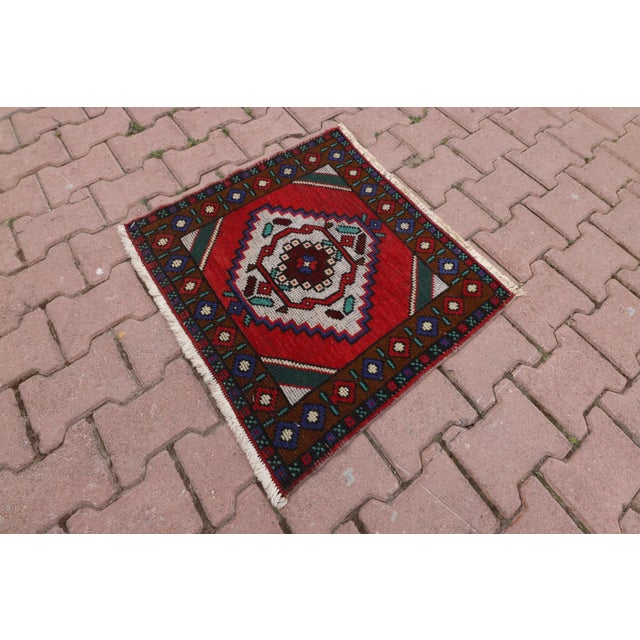 Mid-Century Modern 1950s Turkish Hand Knotted Floral Desing Red Doormat Rug For Sale - Image 3 of 12