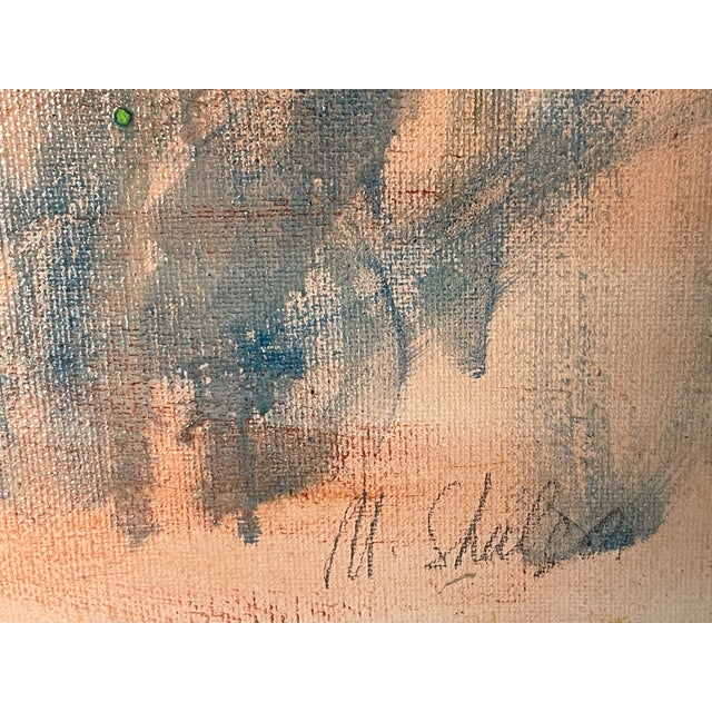 Abstract in Blue and Peach- mixed media painting on stretched canvas by Mariana Shulga.