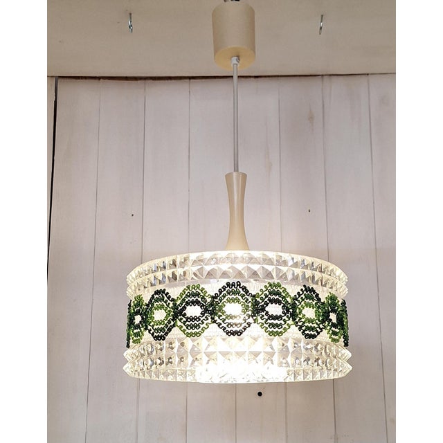 1970s Vintage Ceiling Lamp with Round Clear Plastic Shade and Green Fabric Trim from ME, 1970s For Sale - Image 5 of 8
