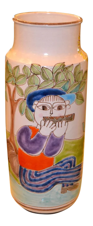 Desimone Hand Painted Tall Art Pottery Flute Player Flower Vase, Italy