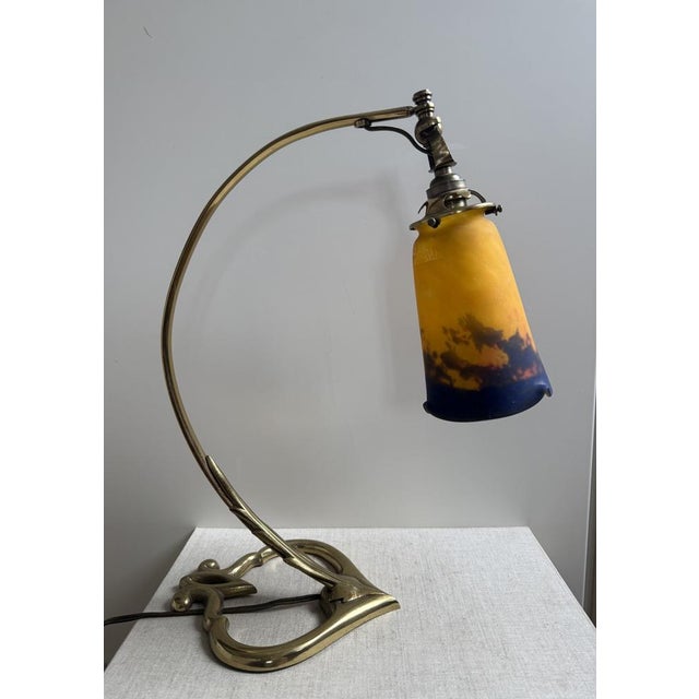 French Art Deco Brass Desk Lamp with Glass Shade from Muller Frères Lunéville, 1920s For Sale - Image 10 of 12