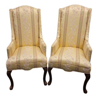 Petite Vintage Queen Anne High-Back Wingback Chairs for Small Spaces in Butter Yellow Floral Stripe – A Pair For Sale