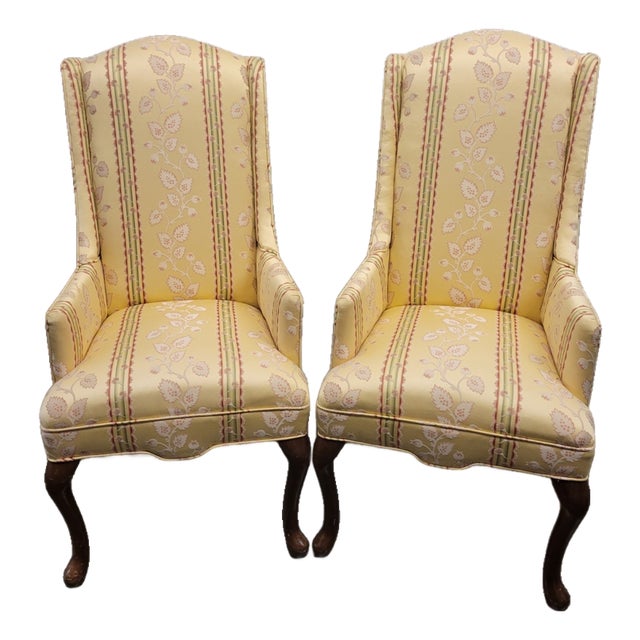 Petite Vintage Queen Anne High-Back Wingback Chairs for Small Spaces in Butter Yellow Floral Stripe – A Pair For Sale