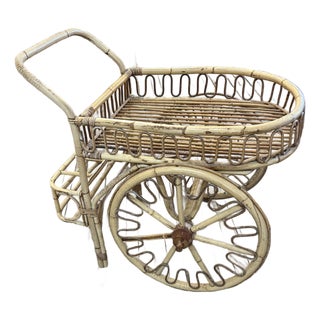 Midcentury Modern Rattan Bamboo & Wicker Bar Cart For Sale