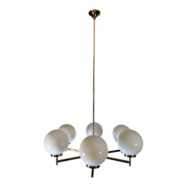 Stilnovo Italian Vintage Brass Chandelier, Opaline Glass Spheres For Sale