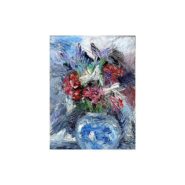 A dynamic, highly textured impasto mid-century still life of a blue vase with flowers. Unsigned. Displayed in a rustic...