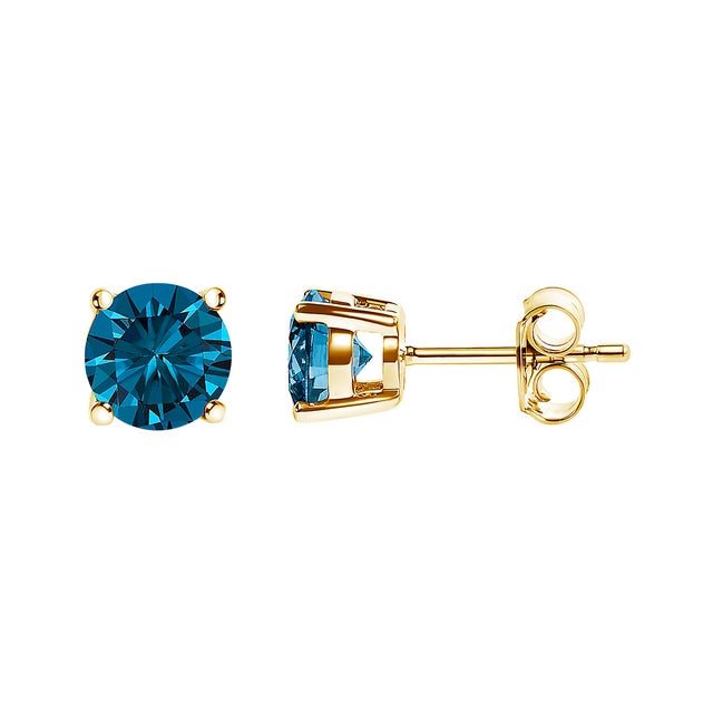 Contemporary 14K Yellow Gold 1/2 Cttw Round Brilliant Cut Lab Grown Blue Diamond 4-Prong Classic Solitaire Stud Earrings (Blue Color, VVS2-VS1 Clarity) For Sale - Image 3 of 5
