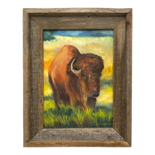 Painting Buffalo in Field Oil on Canvas Signed Elaine Rhoades Vintage Original Art For Sale