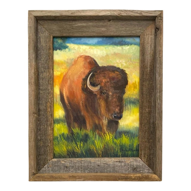 Painting Buffalo in Field Oil on Canvas Signed Elaine Rhoades Vintage Original Art For Sale