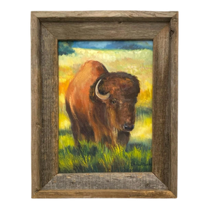 Painting Buffalo in Field Oil on Canvas Signed Elaine Rhoades Vintage Original Art