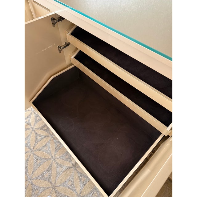 Pair of Contemporary Champagne Lacquered Buffets With Faceted Doors and Tempered Glass Tops For Sale - Image 9 of 9