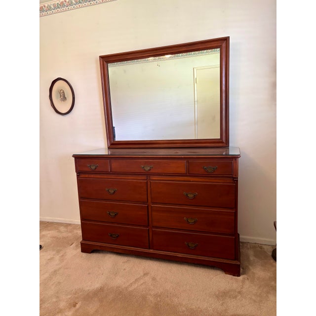 Stunning 9-Drawer Vintage Cherry Wood Dresser with matching mirror (46.75”x2”x35.25”) in rich ‘Collector Finish’ and...
