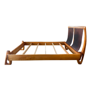 Vintage Tiger Maple and Leather Queen Bed Frame