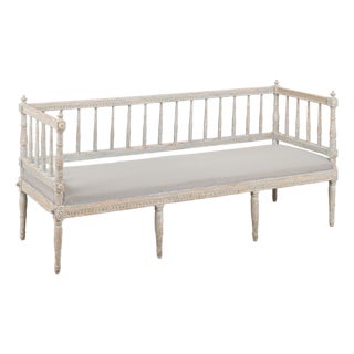 19th Century Swedish Gustavian Original Blue Gray Painted Pine Bench For Sale