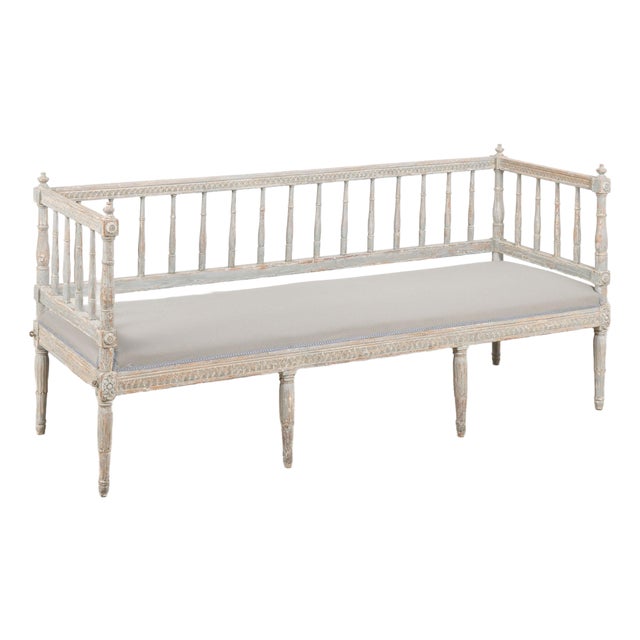 19th Century Swedish Gustavian Original Blue Gray Painted Pine Bench For Sale
