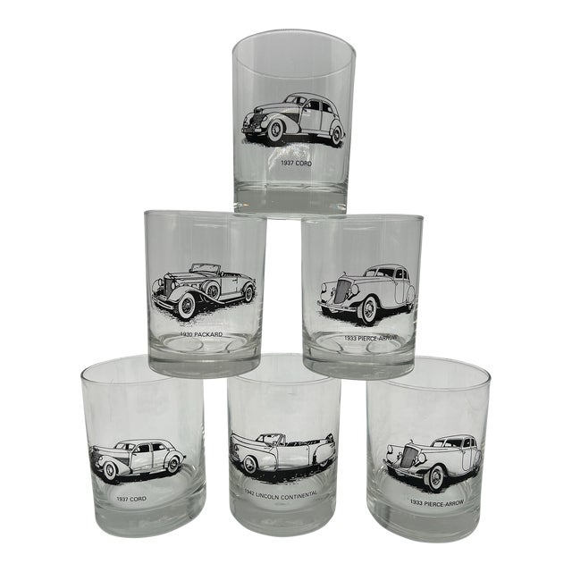 Mid Century Antique Car Glasses Set of 6 For Sale
