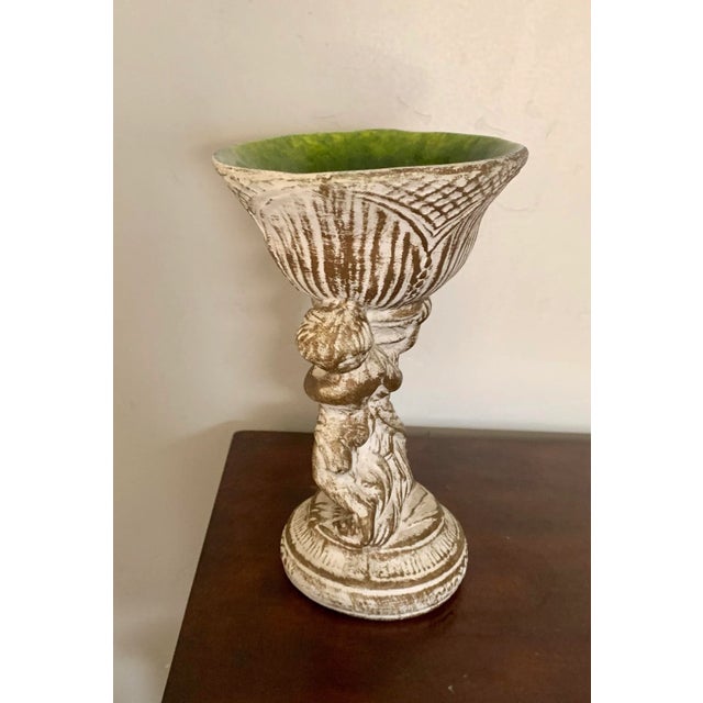Classic Neoclassical two angel footed bowl with chartreuse green glaze inside Hand applied faux aged cream finish...