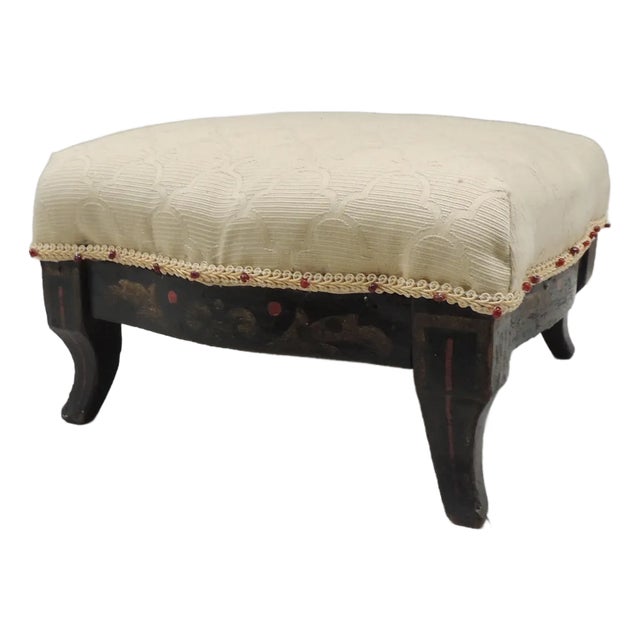 Antique Black & Red Folk Art Petite Footstool For Sale
