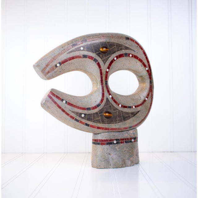 Greige Listed Artist Gerard Tsonakwa Abstract Mixed-Media Soapstone Sculpture (1984) For Sale - Image 8 of 18