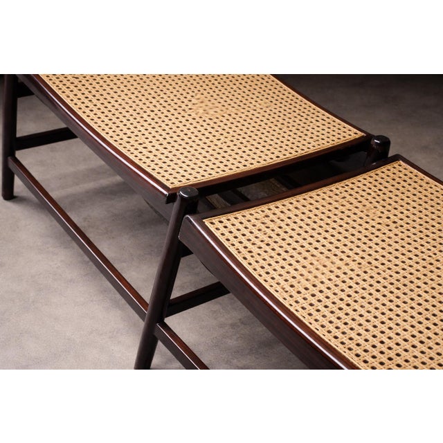 1960s Brazilian Rosewood and Cane Four Seat Bench With Ivory Boucle Cushions, Brazil, 1960s For Sale - Image 5 of 13