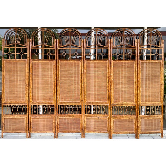 British Colonial Style Burnt Bamboo 6 Panels Room Divider For Sale - Image 4 of 11