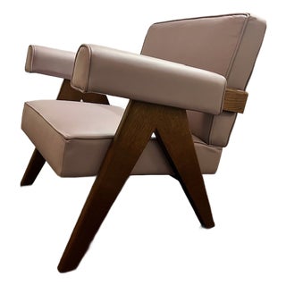 Italian Handcrafted Leather Armchair With Sculptural Oak Frame For Sale